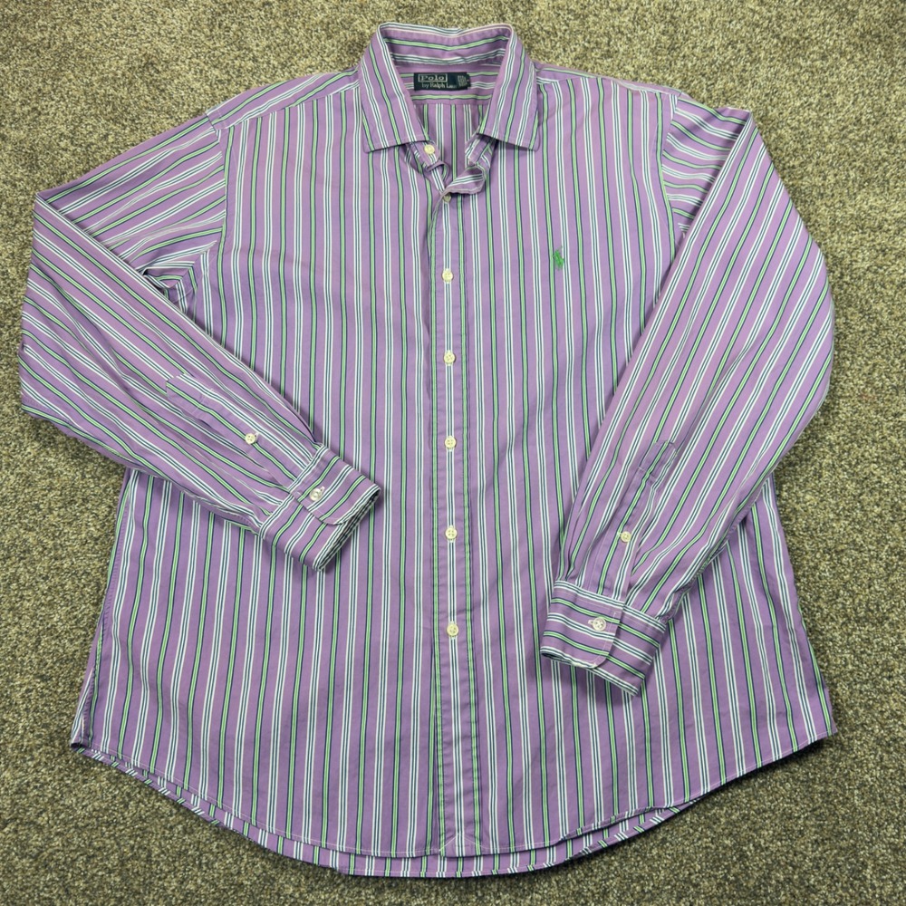 Polo Ralph Lauren Mens XL Button Down‎ Shirt Purple Green Striped Long Sleeve